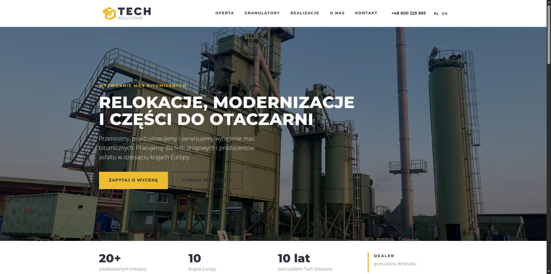 Strona Asphalt-Tech ze zdjęciem instalacji przemysłowej i ofertą relokacji oraz modernizacji wytwórni