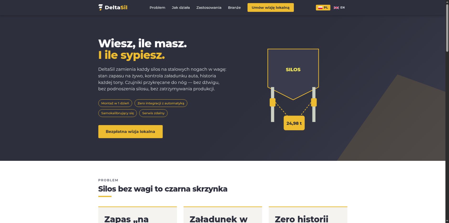 Strona DeltaSil z żółto-grafitową identyfikacją, schematem silosu i prezentacją systemu ważenia